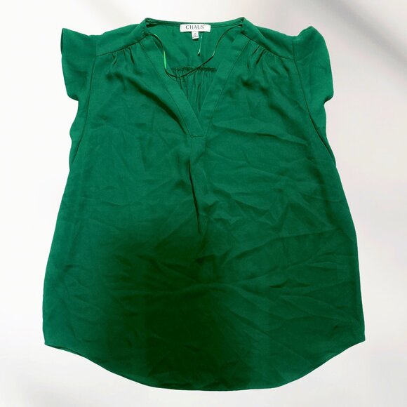 Chaus Emerald Green Office Blouse Size M - Cap Sleeve V-Neck Work Top - Picture 1 of 1